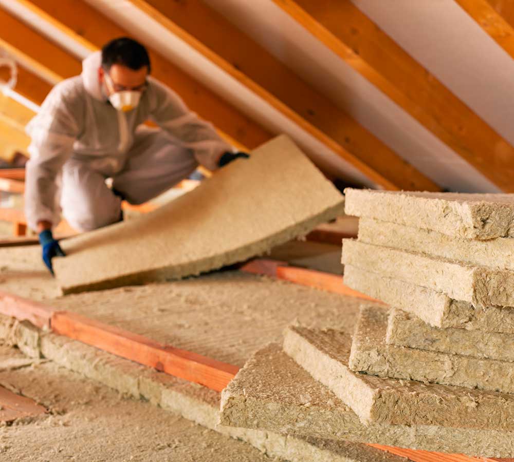 A man in a white suit and face mask restoring attic insulation